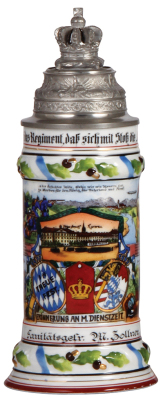 Regimental stein, .5L, 10.6" ht., porcelain, 6. Comp., Kgl. b. Inft. Leib Regt., München, 1909 - 1911, four side scenes, roster, one medic scene, lion thumblift, crown on pillow finial, named to: Sanitätsgefr. M. Zollner, excellent repair of a pewter tear