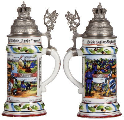 Regimental stein, .5L, 10.6" ht., porcelain, 6. Comp., Kgl. b. Inft. Leib Regt., München, 1909 - 1911, four side scenes, roster, one medic scene, lion thumblift, crown on pillow finial, named to: Sanitätsgefr. M. Zollner, excellent repair of a pewter tear - 2