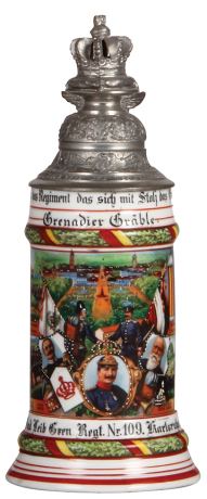 Regimental stein, .5L, 10.5" ht., porcelain, 9. Comp. Gren. Regt. Nr. 109, Karlsruhe, 1907 - 1909, four side scenes, roster, griffin thumblift, crown on pillow finial, named to: Grenadier Gräble, mint