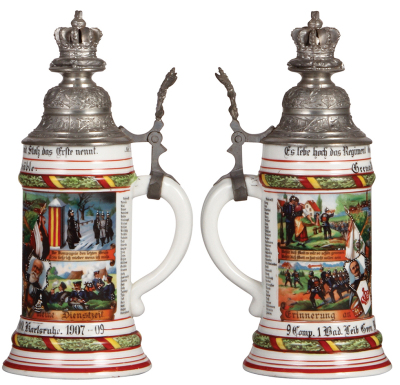 Regimental stein, .5L, 10.5" ht., porcelain, 9. Comp. Gren. Regt. Nr. 109, Karlsruhe, 1907 - 1909, four side scenes, roster, griffin thumblift, crown on pillow finial, named to: Grenadier Gräble, mint - 2