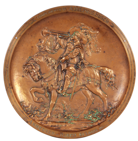 Anheuser-Busch embossed bronze plate, 12.0" d., Compliments of Adolphus Busch, Anheuser-Busch, St. Louis, Mo., marked: Cast by the Henry Bonnard Bronze Co., New York, 1892, excellent condition.