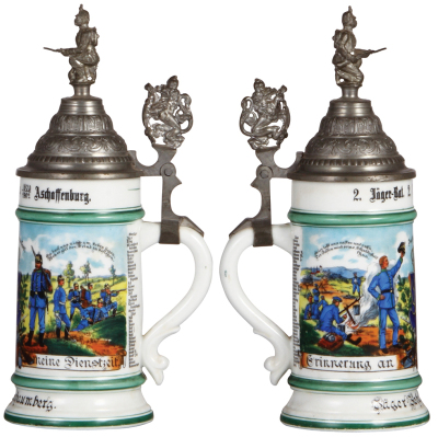 Two Regimental steins, .5L, 10.8" ht., porcelain, bayr. 2. Comp., 2. Jäger Bat., Aschaffenburg, 1900 - 1902, two side scenes, rosters, lion thumblifts, named to: Jäger Johann Schaumberg & Gefreiter Georg Schubert, 2nd. has lithophane lines, otherwise both - 2