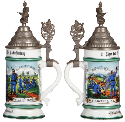 Two Regimental steins, .5L, 10.8" ht., porcelain, bayr. 2. Comp., 2. Jäger Bat., Aschaffenburg, 1900 - 1902, two side scenes, rosters, lion thumblifts, named to: Jäger Johann Schaumberg & Gefreiter Georg Schubert, 2nd. has lithophane lines, otherwise both - 3