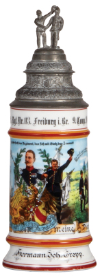 Regimental stein, .5L, 10.5" ht., porcelain, 9. Comp., Inft. Regt. Nr. 113, Freiburg, 1900 - 1902, two side scenes, roster, griffin thumblift, named to: Hermann Joh. Gropp, mint.