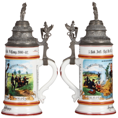 Regimental stein, .5L, 10.5" ht., porcelain, 9. Comp., Inft. Regt. Nr. 113, Freiburg, 1900 - 1902, two side scenes, roster, griffin thumblift, named to: Hermann Joh. Gropp, mint. - 2