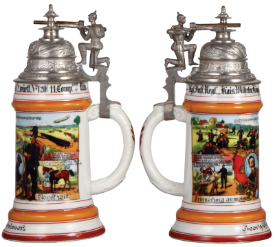 Regimental stein, .5L, 10.3" ht., porcelain, 11. Comp., Inft. Regt. Nr. 120, Ulm, 1908 - 1910, four side scenes, large rifleman thumblift, named to: Georg Gerstenlauer, mint. - 2