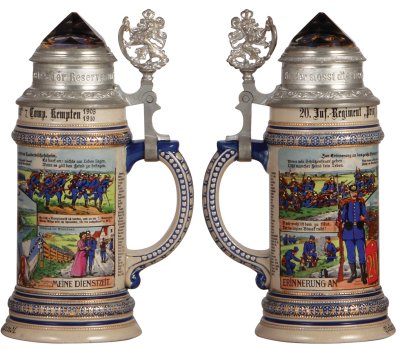 Regimental stein, .5L, 9.7" ht., stoneware, 7. Comp., bayr. Inft. Regt. Nr. 20, Kempten, 1908 - 1910, four side scenes, roster, lion thumblift, named to: Reservist Reindl, prism lid, mint.  - 2