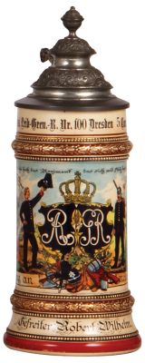 Regimental stein, .5L, 10.2" ht., pottery, 5. Comp., Inft. Regt. Nr. 100, Dresden 1901 - 1903, two side scenes, roster, eagle thumblift, named to: Gefreiter Robert Wilhelm, mint.