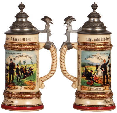 Regimental stein, .5L, 10.2" ht., pottery, 5. Comp., Inft. Regt. Nr. 100, Dresden 1901 - 1903, two side scenes, roster, eagle thumblift, named to: Gefreiter Robert Wilhelm, mint. - 2