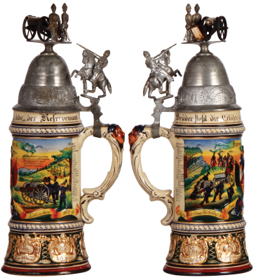 Regimental stein, .5L, 12.8" ht., pottery, 5. Batt., Feld Artl. Regt. Nr. 29, Ludwigsburg, 1908 - 1910, two side scenes, roster, horse & rider thumblift, canon finial can shoot a match, named to: Fahrer Weik, mint. - 2