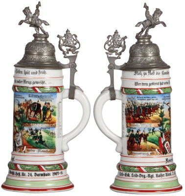 Regimental stein, .5L, 12.5" ht., porcelain, Leib Esk., Drag. Regt. Nr. 24, Darmstadt, 1907 - 1910, four side scenes, roster, lion thumblift, named to: Reservist Knopf, mint. - 2