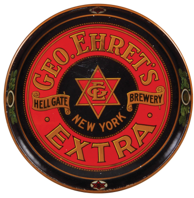 Geo. Ehret's advertising tray, 12.1" d., Geo. Ehret's Extra, Hell Gate Brewery, New York, marked: The H. D. Beach Co. Coshocton, O., wear on edge, otherwise good condition.