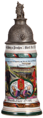 Regimental stein, .5L, 12.1" ht., porcelain, 12. Comp., Inft. Regt. Nr. 125, Stuttgart, 1910 - 1912, four side scenes, roster, Württemberg thumblift, named to: Musketier Hobt, mint.