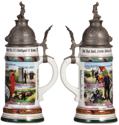 Regimental stein, .5L, 12.1" ht., porcelain, 12. Comp., Inft. Regt. Nr. 125, Stuttgart, 1910 - 1912, four side scenes, roster, Württemberg thumblift, named to: Musketier Hobt, mint. - 2