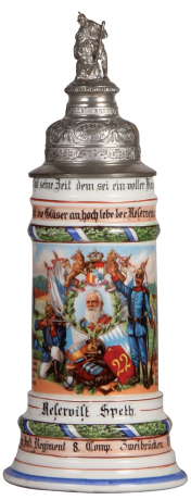 Regimental stein, .5L, 12.3" ht., porcelain, 8. Comp., bayr. Inft. Regt. Nr. 22, Zweibrücken, 1905 - 1907, two side scenes, roster, lion thumblift, named to: Reservist Speth, mint.