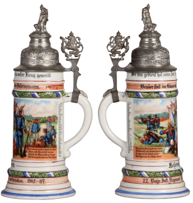 Regimental stein, .5L, 12.3" ht., porcelain, 8. Comp., bayr. Inft. Regt. Nr. 22, Zweibrücken, 1905 - 1907, two side scenes, roster, lion thumblift, named to: Reservist Speth, mint. - 2