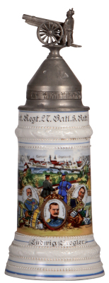 Regimental stein, .5L, 12.6'' ht., porcelain, 3. Batt., 3. Fuss Art. Regt., 27. Batl., Strassburg - Ingolstadt, 1916 - 1918, four side scenes, Weltkrieg 1914 - 1918, lion thumblift, named to: Ludwig Priegler, screw-fuse lid, rare war-time unit, undetectab