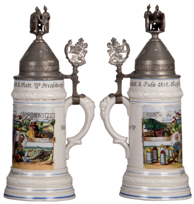 Regimental stein, .5L, 12.6'' ht., porcelain, 3. Batt., 3. Fuss Art. Regt., 27. Batl., Strassburg - Ingolstadt, 1916 - 1918, four side scenes, Weltkrieg 1914 - 1918, lion thumblift, named to: Ludwig Priegler, screw-fuse lid, rare war-time unit, undetectab - 2