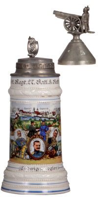 Regimental stein, .5L, 12.6'' ht., porcelain, 3. Batt., 3. Fuss Art. Regt., 27. Batl., Strassburg - Ingolstadt, 1916 - 1918, four side scenes, Weltkrieg 1914 - 1918, lion thumblift, named to: Ludwig Priegler, screw-fuse lid, rare war-time unit, undetectab - 3