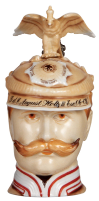 Character stein, .5L, porcelain, marked Musterschutz, by Schierholz, Wilhelm II, named to: G. d. C. August Holtz, III Esc., 1906 - 1909, very rare with original unit and name designation on a character stein, mint.