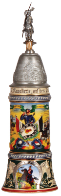 Regimental stein, .5L, 15.0" ht., pottery, 3. Esk., 2. Garde Ulan Regt., Berlin, 1909 - 1912, two side scenes, roster, eagle thumblift, named to: Reservist Damerow, mint.