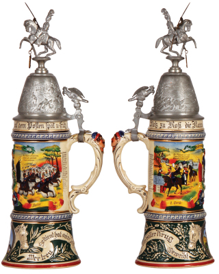 Regimental stein, .5L, 15.0" ht., pottery, 3. Esk., 2. Garde Ulan Regt., Berlin, 1909 - 1912, two side scenes, roster, eagle thumblift, named to: Reservist Damerow, mint. - 2