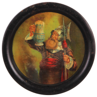 Joliet Citizens Brewing Co. advertising tray, 13.4'' d., Macht W&auml;chter, crazing, blemishes & rust, used condition.