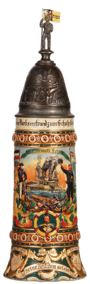 Regimental stein, 1.0L, 15.2" ht., pottery, 2. Comp., 4. Matr. Artl. Abteilung, Cuxhaven, 1910 - 1913, four side scenes, roster, eagle thumblift, named to: Res. Obermatr. Schiele, screw-off lid with relief scene and blue glass jewel, rare body style, mino