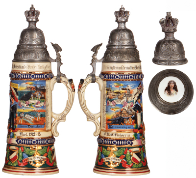 Regimental stein, 1.0L, 14.7" ht., pottery, S.M.S. Kaiserin, Kiel, 1912 - 1915, four side scenes, roster, eagle thumblift, named to: Reservist Punken, screw-off lid with porcelain inlay of woman, mint. - 2