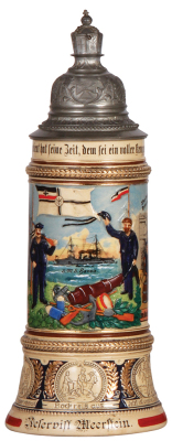 Regimental stein, 1.0L, 12.5" ht., pottery, S.M.S. Hansa, 1909 - 1912, two side scenes, roster, eagle thumblift, named to: Reservist Meerstein, mint.