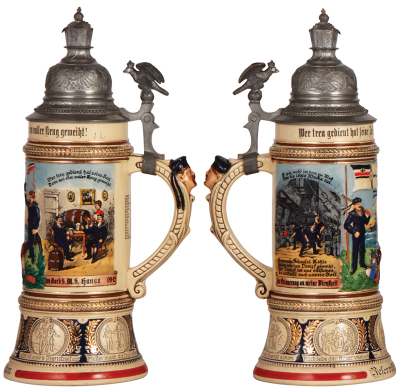 Regimental stein, 1.0L, 12.5" ht., pottery, S.M.S. Hansa, 1909 - 1912, two side scenes, roster, eagle thumblift, named to: Reservist Meerstein, mint. - 2