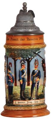 Regimental stein, .5L, 9.8'' ht., pottery, relief, 1. Esk., Dragoner Regt. Nr. 16, Lüneburg, 1902, one wrap-around scene, eagle thumblift, named to: Gefr. Lampe, mint.