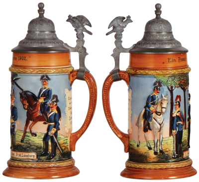 Regimental stein, .5L, 9.8'' ht., pottery, relief, 1. Esk., Dragoner Regt. Nr. 16, Lüneburg, 1902, one wrap-around scene, eagle thumblift, named to: Gefr. Lampe, mint. - 2