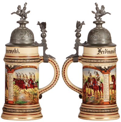 Regimental stein, .5L, 11.8" ht., pottery, 2. Esk., Garde Kürassier Regt., Berlin, 1904 - 1907, two side scenes, roster, eagle thumblift, visible stanhope scene, named to: Ferdinand Wilchnewski, mint.             - 2