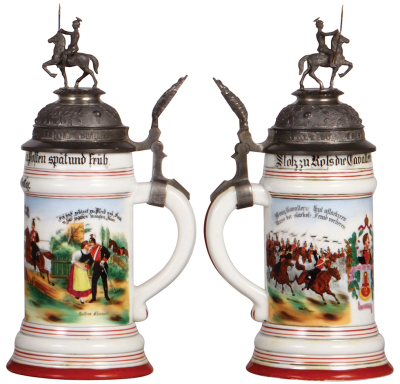 Regimental stein, .5L, 10.9" ht., porcelain, 1. Esk., Ulan Regt. Nr. 2, Gleiwitz, 1900 -1903, two side scenes, eagle thumblift, named to: Resv. Wottge, very rare unit, visually perfect pewter repair, excellent repair of 2" hairline in rear, lithophane lin - 2