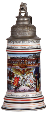 Regimental stein, .5L, 10.5" ht., porcelain, 3. Komp., Eisenbahn Regt. Nr. 2, Berlin - Schöneberg, 1911 - 1912, 2. Komp., Betriebs Abtlg. der Eisenbahn Brigade, 1912 - 1913, six side scenes, eagle thumblift, visible stanhope scene, named to: Meinem Onkel 