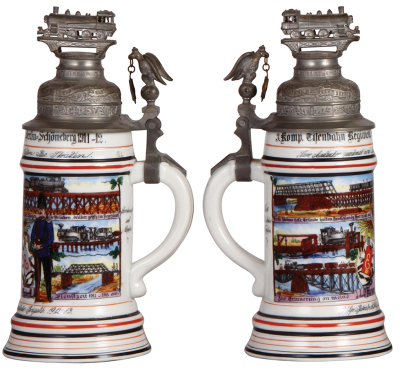 Regimental stein, .5L, 10.5" ht., porcelain, 3. Komp., Eisenbahn Regt. Nr. 2, Berlin - Schöneberg, 1911 - 1912, 2. Komp., Betriebs Abtlg. der Eisenbahn Brigade, 1912 - 1913, six side scenes, eagle thumblift, visible stanhope scene, named to: Meinem Onkel - 2