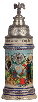 Regimental stein, .5L, 11.3" ht., stoneware, 4. Comp., Garde-Schützen Bataillon, Gr. Lichterfelde, 1907 - 1908, two side scenes, roster, St. Hubert thumblift, named to:  Einj. Freiw. Gefr. Krüger, mint 