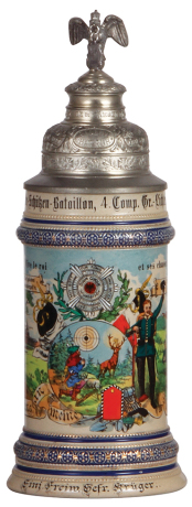 Regimental stein, .5L, 11.3" ht., stoneware, 4. Comp., Garde-Schützen Bataillon, Gr. Lichterfelde, 1907 - 1908, two side scenes, roster, St. Hubert thumblift, named to:  Einj. Freiw. Gefr. Krüger, mint 