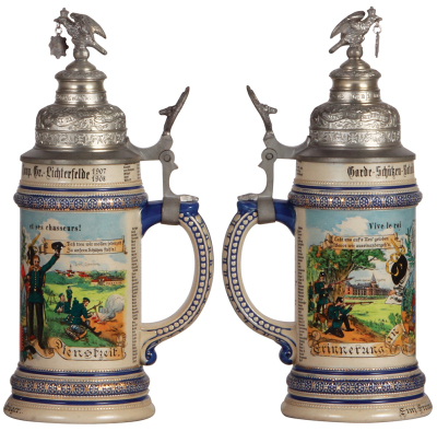 Regimental stein, .5L, 11.3" ht., stoneware, 4. Comp., Garde-Schützen Bataillon, Gr. Lichterfelde, 1907 - 1908, two side scenes, roster, St. Hubert thumblift, named to:  Einj. Freiw. Gefr. Krüger, mint  - 2