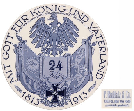 Pottery plaque, 12.5" d. marked P. Raddatz & Co., Berlin, Mit Gott für König und Vaterland, 1813 - 1913, Inft. Regt. Nr. 24, mint condition.