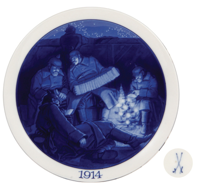 Porcelain plaque, 10.0" d., marked Meissen, Infantry soldiers at Christmas 1914, mint condition.