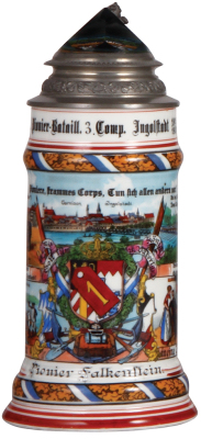 Regimental stein, .5L, 9.3" ht., porcelain, 3. Comp., bayr. 1. Pion. Bataillon, Ingolstadt, 1905 - 1907, four side scenes, roster, lion thumblift, named to: Pionier Falkenstein, faint lithophane line, otherwise mint.