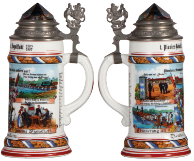 Regimental stein, .5L, 9.3" ht., porcelain, 3. Comp., bayr. 1. Pion. Bataillon, Ingolstadt, 1905 - 1907, four side scenes, roster, lion thumblift, named to: Pionier Falkenstein, faint lithophane line, otherwise mint. - 2