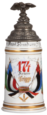 Regimental stein, .5L, 9.5" ht., porcelain, 7. Co., Inft. regt. Nr. 174, Metz, 1896 - 1898, two side scenes, floral thumblift, named to: Reserv. Frigge, mint.