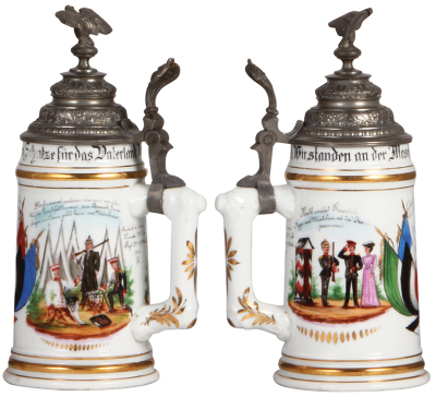 Regimental stein, .5L, 9.5" ht., porcelain, 7. Co., Inft. regt. Nr. 174, Metz, 1896 - 1898, two side scenes, floral thumblift, named to: Reserv. Frigge, mint. - 2