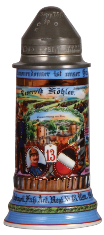 Regimental stein, .5L, 9.5" ht., porcelain, 1. Battr., Fuss Artl. Regt. Nr. 13, Ulm, 1909 - 1911, four side scenes, roster, screw-fuse lid, sparrow thumblift, named to: Reservist Köhler, some wear to gold band.