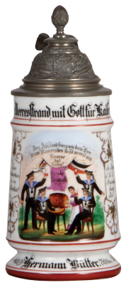 Regimental stein, .5L, 8.5" ht., porcelain, 5. Comp., II. Matr. Division, Wilhemshaven, S.M.S. Brandenburg, 1894 - 1898, two side scenes, eagle thumblift, named to: Hermann Bülter, mint.