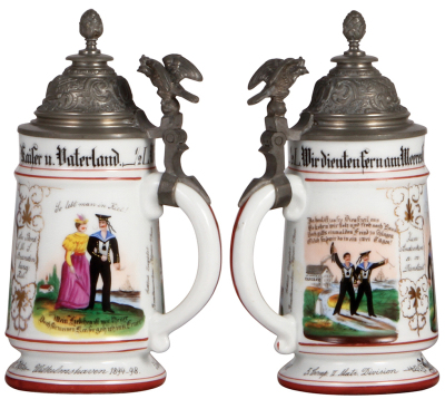 Regimental stein, .5L, 8.5" ht., porcelain, 5. Comp., II. Matr. Division, Wilhemshaven, S.M.S. Brandenburg, 1894 - 1898, two side scenes, eagle thumblift, named to: Hermann Bülter, mint. - 2