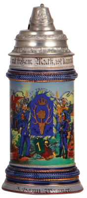 Regimental stein, .5L, 9.5" ht., stoneware, 1. Comp., bayr. Jäger Bataillon Nr. 1, Freising, 1906 - 1908, two side scenes, lion thumblift, named to: Johann Wagner, mint.